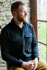 Black organic denim shirt with military pocket detail and patch pockets